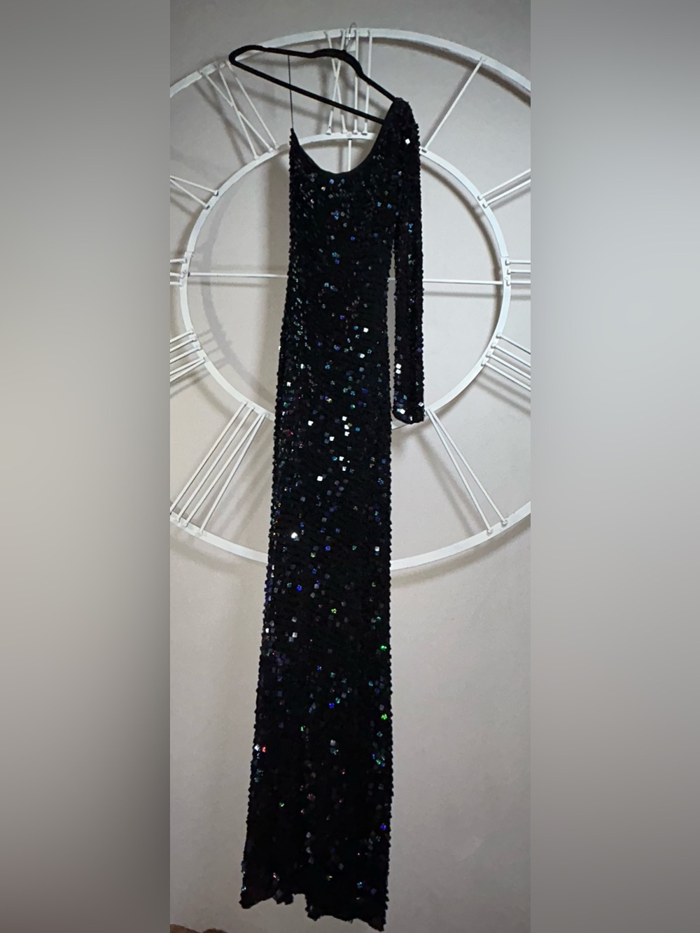 Sue Wong Asymmetrical Long Sleeve One Shoulder Black Iridescent Sequin Maxi Gown